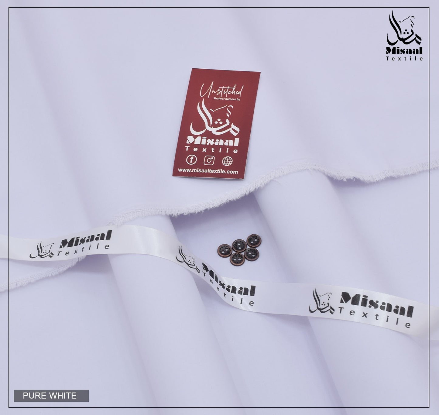 White shirt with Misaal Textile labels on a light gray background