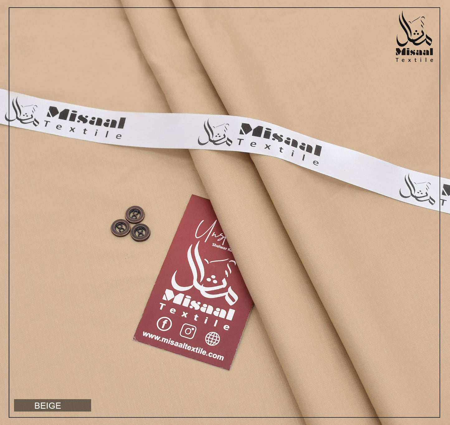 Beige fabric with Misaaal Textile branding and a tag on a beige background