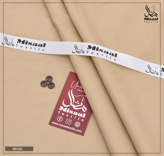 Beige fabric with Misaaal Textile branding and a tag on a beige background