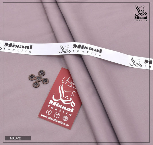 Mauve fabric with Misaal Textile branding, buttons, and a tag.