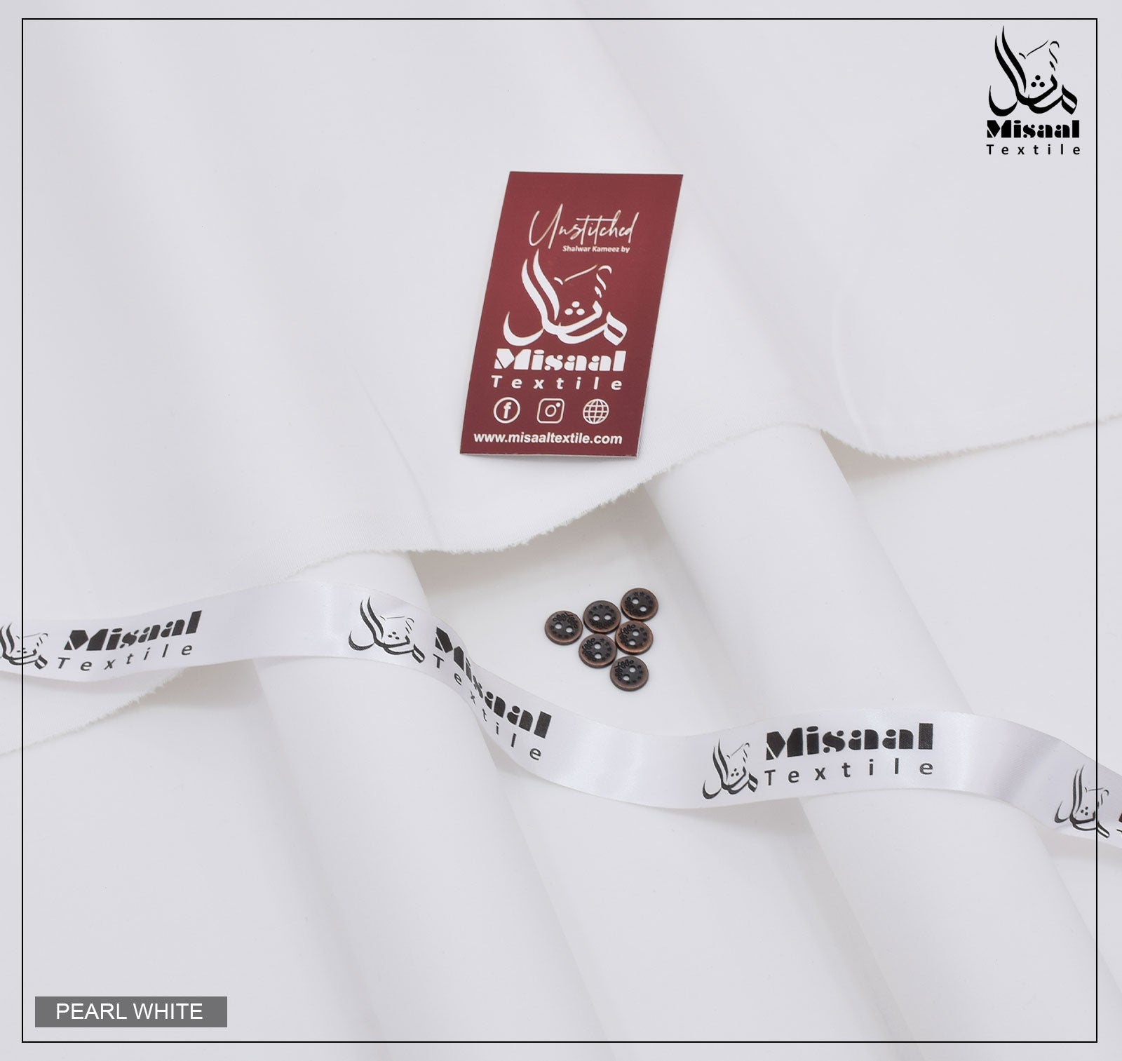 White fabric with 'Misaal Textile' branding and buttons on a white background