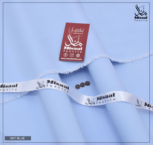 Sky blue fabric with Misaal Textile branding on a light blue background