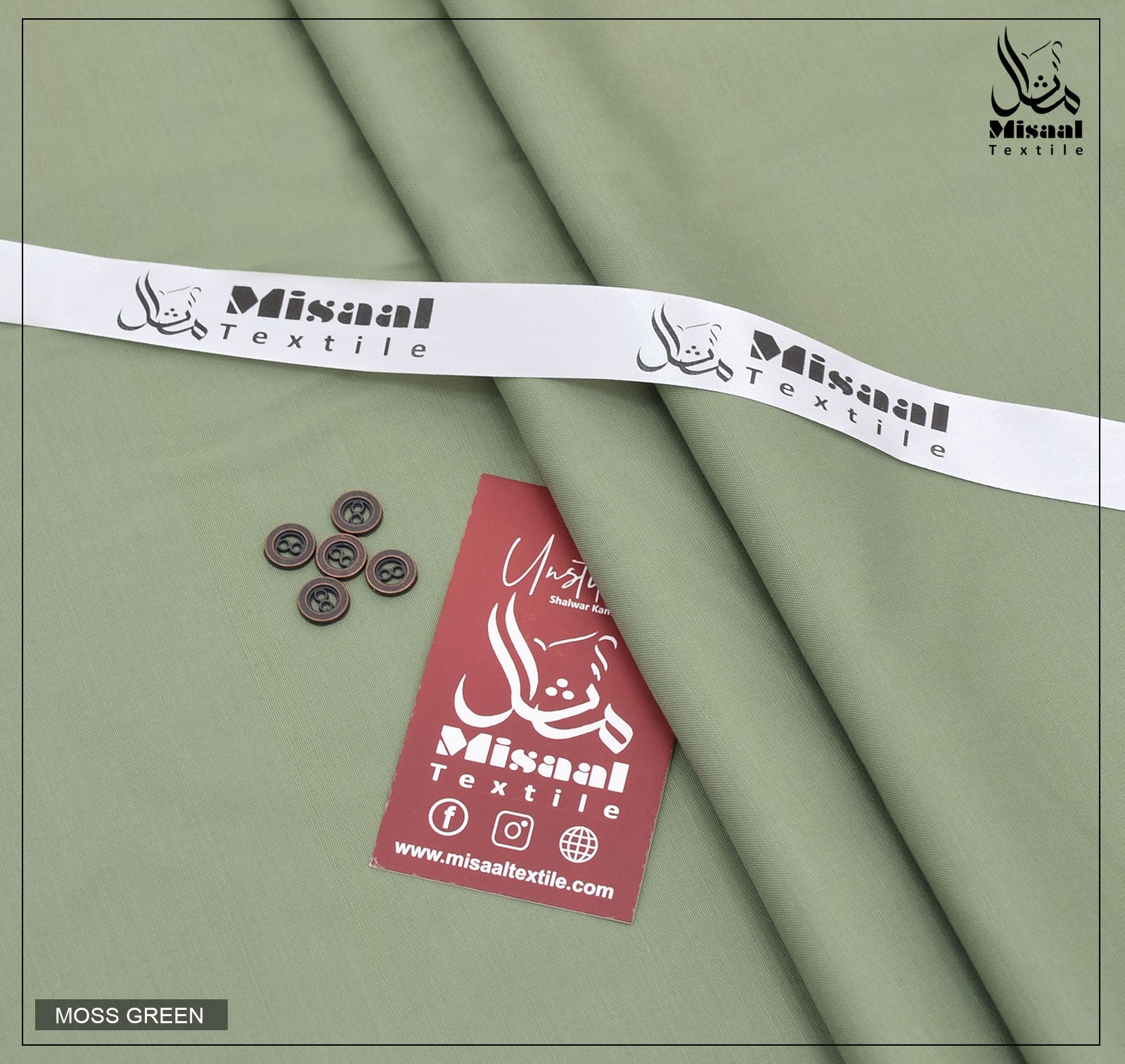 Missaal Textile fabric with buttons and a tag on a green background