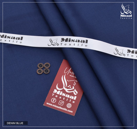 Navy blue fabric with Misaal Textile branding, buttons, and a tag.