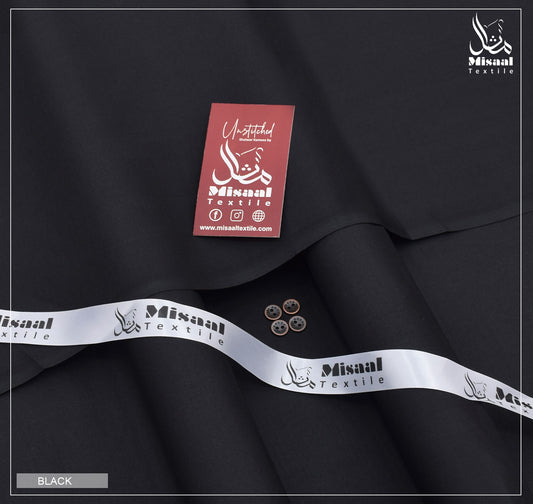 Black fabric with Misaaal Textile branding and a red label.