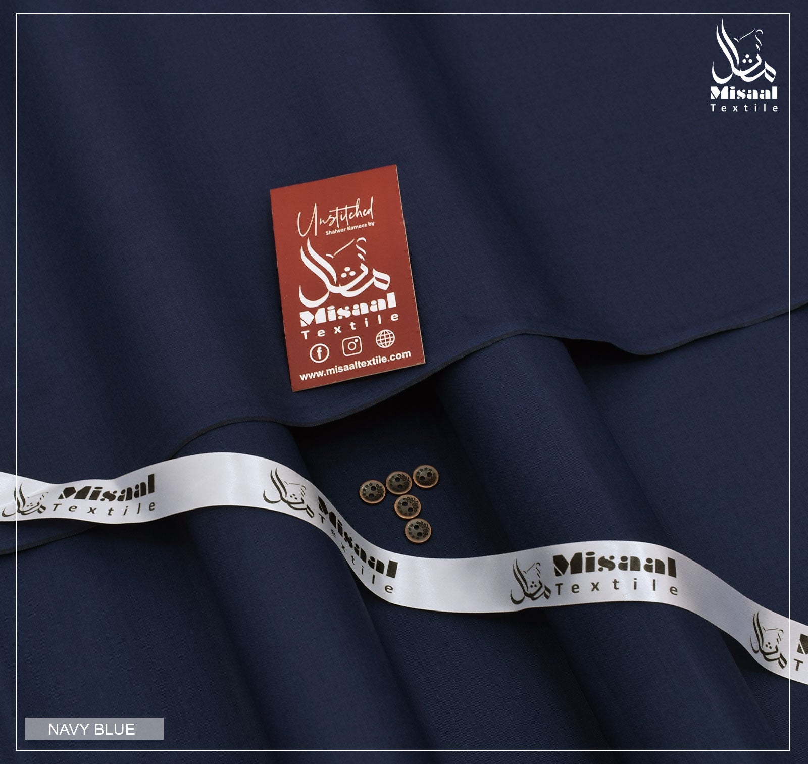 Navy blue fabric with a red label and 'Mishaal Textile' branding.