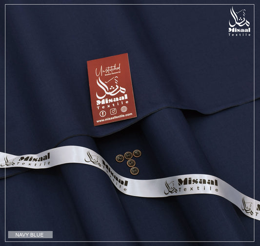 Navy blue fabric with a red label and 'Mishaal Textile' branding.