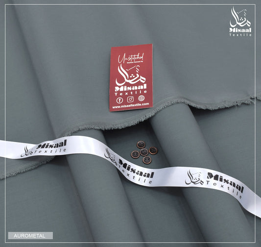 Gray fabric with 'Misal Textile' label and ribbon on a gray background