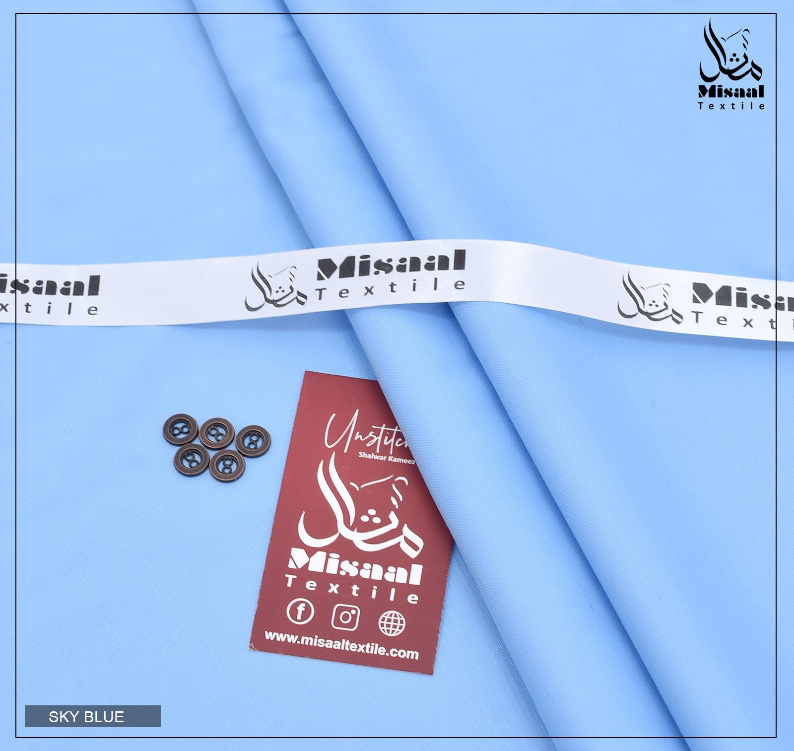 Misaal Textile fabric with a ribbon and tag on a blue background