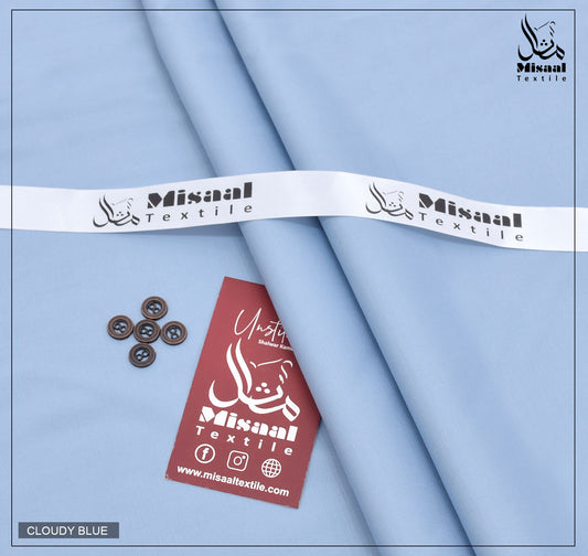 Misaal Textile fabric with buttons and a tag on a blue background