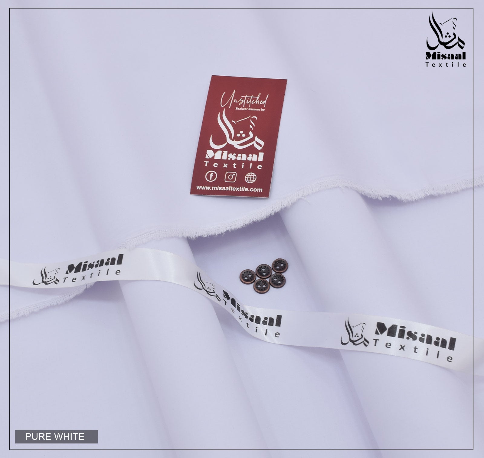 White shirt with Misaal Textile labels on a light gray background