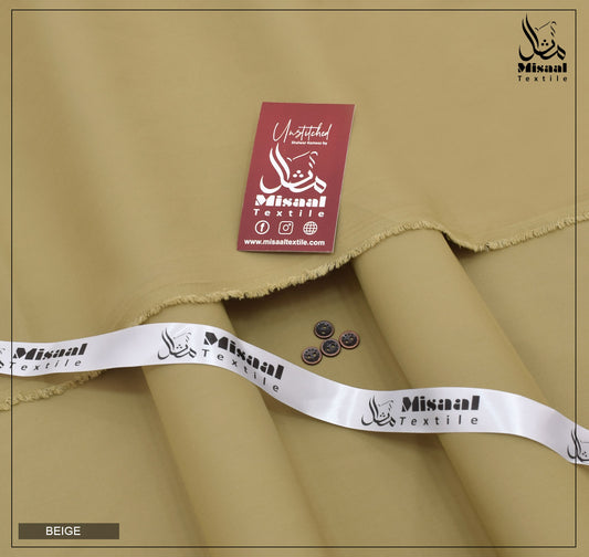 Beige fabric with Misaal Textile branding on a beige background